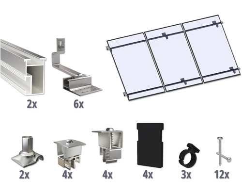 Kit de montage pour 3 modules photovoltaïques (3x1) toiture inclinée/toiture en tuile y compris 2x rails de montage de 3650 mm