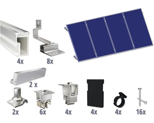 Kit de montage pour 4 modules photovoltaïques (4x1) toiture inclinée/toiture en tuile y compris 4x rails de montage de 2400 mm