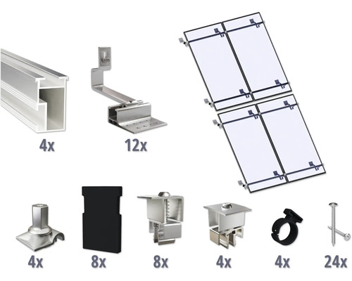 Kit de montage pour 4 modules photovoltaïques (2x2) toiture inclinée/toiture en tuile y compris 4x rails de montage de 2400 mm