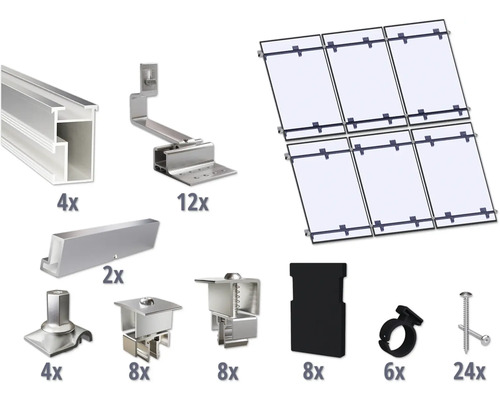 Kit de montage pour 6 modules photovoltaïques (3x2) toiture inclinée/toiture en tuile y compris 4x rails de montage de 3650 mm