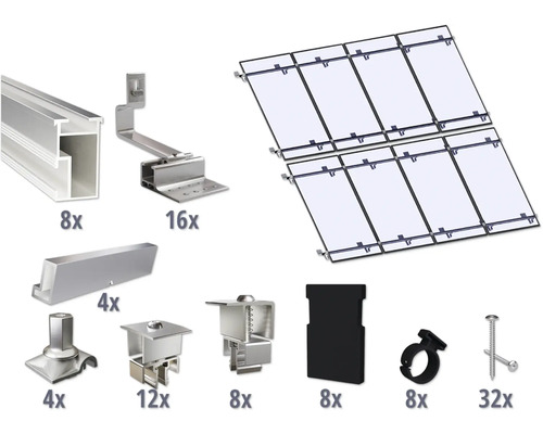 Kit de montage pour 8 modules photovoltaïques (4x2) toiture inclinée/toiture en tuile y compris 8x rails de montage de 2400 mm