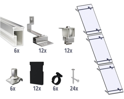 Kit de montage pour 3 modules photovoltaïques (1x3) toiture inclinée/toiture en tuile y compris 6x rails de montage de 1200 mm