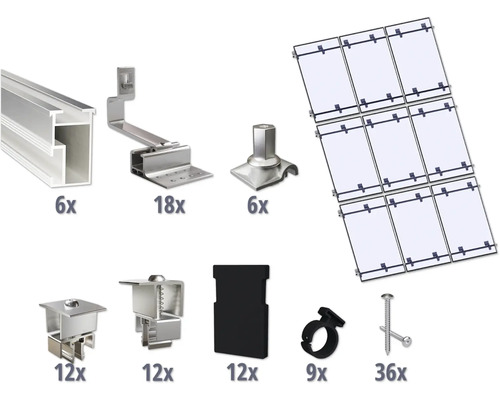 Kit de montage pour 9 modules photovoltaïques (3x3) toiture inclinée/toiture en tuile y compris 6x rails de montage de 3650 mm