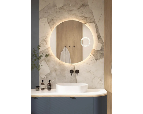 Miroir de salle de bains miroir Cordia ROUND LINE MIRROR WITH COSMETIC MIRROR Ø 80 cm IP 44 Salle de bains moderne avec miroir rond, lavabo et robinetterie
