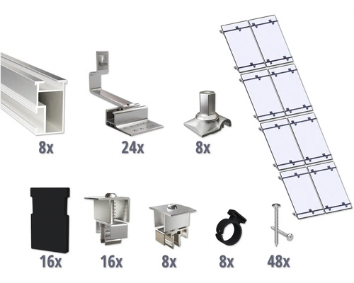 Kit de montage pour 8 modules photovoltaïques (2x4) toiture inclinée/toiture en tuile y compris 8x rails de montage de 2400 mm