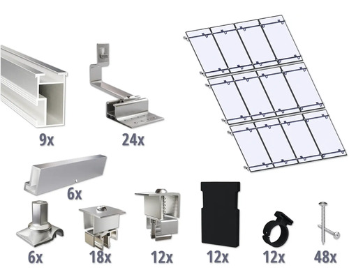 Kit de montage pour 12 modules photovoltaïques (3x4) toiture inclinée/toiture en tuile y compris 8x rails de montage de 3650 mm