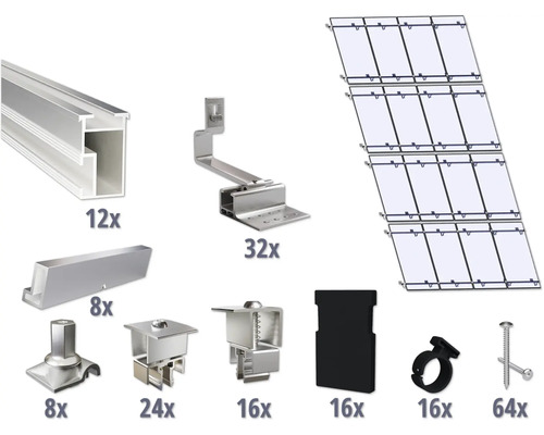 Kit de montage pour 16 modules photovoltaïques (4x4) toiture inclinée/toiture en tuile y compris 12x rails de montage de 3650 mm