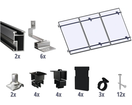 Kit de montage noir pour 3 modules photovoltaïques (3x1) sur toiture inclinée/toiture en tuile y compris 2x rails de montage de 3650 mm