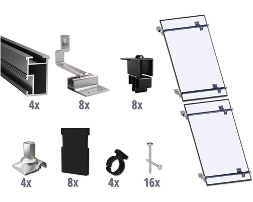 Kit de montage noir pour 2 modules photovoltaïques (1x2) sur toiture inclinée/toiture en tuile y compris 4x rails de montage de 1200 mm