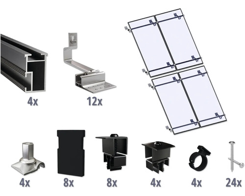 Kit de montage noir pour 4 modules photovoltaïques (2x2) sur toiture inclinée/toiture en tuile y compris 4x rails de montage de 2400 mm