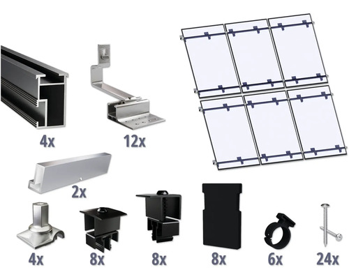 Kit de montage noir pour 6 modules photovoltaïques (3x2) sur toiture inclinée/toiture en tuile y compris 4x rails de montage de 3650 mm