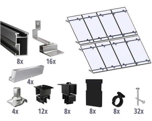 Kit de montage noir pour 8 modules photovoltaïques (4x2) sur toiture inclinée/toiture en tuile y compris 8x rails de montage de 2400 mm