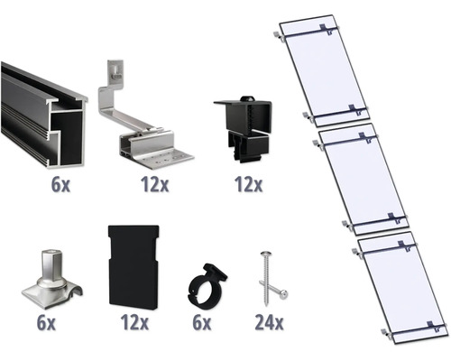 Kit de montage noir pour 3 modules photovoltaïques (1x3) sur toiture inclinée/toiture en tuile y compris 6x rails de montage de 1200 mm