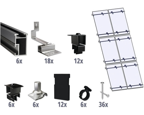 Kit de montage noir pour 6 modules photovoltaïques (2x3) sur toiture inclinée/toiture en tuile y compris 6x rails de montage de 2400 mm