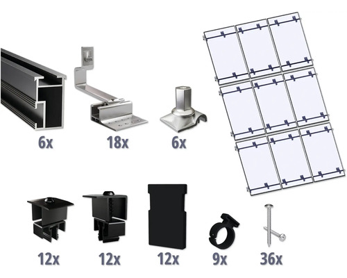 Kit de montage noir pour 9 modules photovoltaïques (3x3) sur toiture inclinée/toiture en tuile y compris 6x rails de montage de 3650 mm