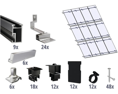 Kit de montage noir pour 12 modules photovoltaïques (4x3) sur toiture inclinée/toiture en tuile y compris 9x rails de montage de 3650 mm