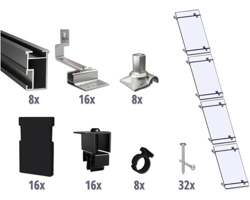 Kit de montage noir pour 4 modules photovoltaïques (1x4) sur toiture inclinée/toiture en tuile y compris 8x rails de montage de 1200 mm