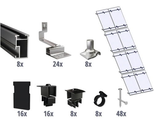 Kit de montage noir pour 8 modules photovoltaïques (2x4) sur toiture inclinée/toiture en tuile y compris 8x rails de montage de 2400 mm