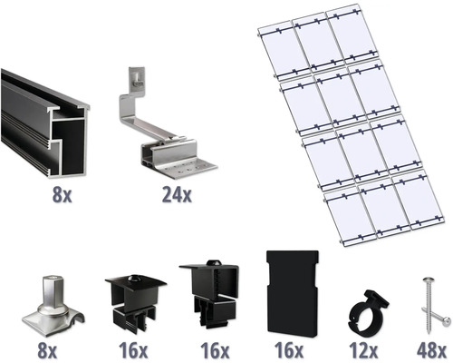 Kit de montage noir pour 12 modules photovoltaïques (3x4) sur toiture inclinée/toiture en tuile y compris 8x rails de montage de 3650 mm