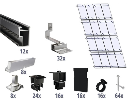 Kit de montage noir pour 16 modules photovoltaïques (4x4) sur toiture inclinée/toiture en tuile y compris 12x rails de montage de 3650 mm