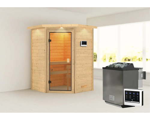 Sauna en bois massif Karibu Antonia avec poêle bio 9 kW et commande externe avec couronne et porte entièrement vitrée couleur bronze