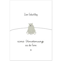 Illustration einer Geburtstagskarte mit einem Bären und dem Spruch ''Zum Geburtstag eine Umarmung aus der Ferne''