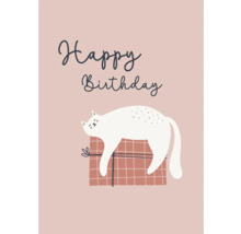 Carte d''anniversaire avec un chat dormant sur un cadeau