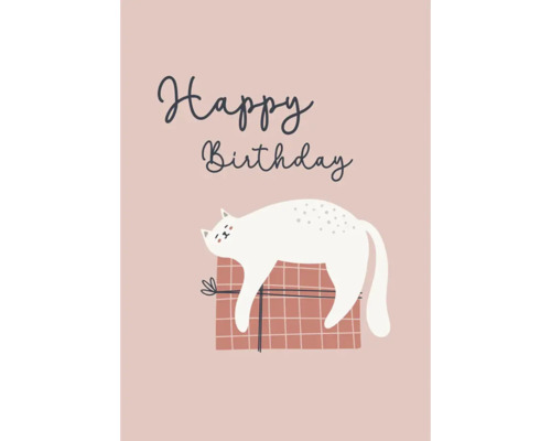 Carte d''anniversaire avec un chat dormant sur un cadeau