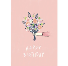 Illustration einer Hand, die einen Blumenstrauß hält, mit der Aufschrift Happy Birthday.