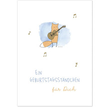 Illustration einer Geburtstagskarte mit einem Fuchs, der Gitarre spielt und der Aufschrift Ein Geburtstagsständchen für dich