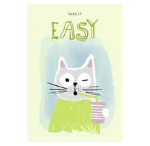 Illustration einer Katze, die ein Getränk mit Strohhalm genießt, mit der Aufschrift Take it Easy