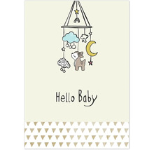 Illustration mit Mobile, Reh und dem Schriftzug Hallo Baby