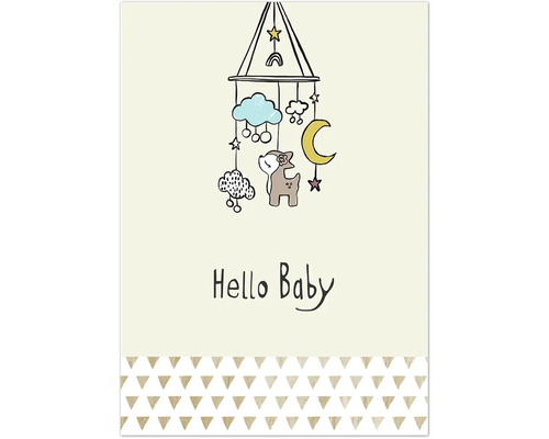 Illustration mit Mobile, Reh und dem Schriftzug Hallo Baby