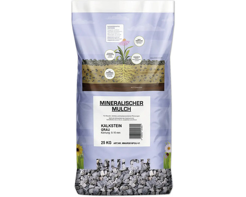 Mineralischer Mulch Kalkstein 8 - 16 mm 25 kg grau Sack mit mineralischem Kalkstein Mulch, graue Körnung von 8 bis 16 Millimeter, 25 Kilogramm