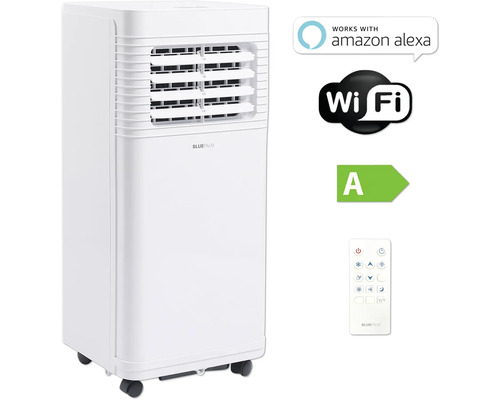 Weißes, mobiles Klimagerät mit Rollen und Fernbedienung, kompatibel mit Amazon Alexa, mit WLAN Funktion und Energieeffizienzklasse A.