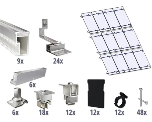 Montageset für 12 PV-Module (4x3) auf Schrägdach/Ziegeldach inkl. 9x Montageschiene 3650 mm