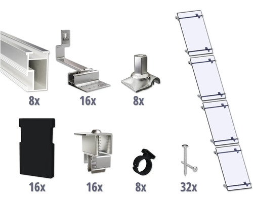 Montageset für 4 PV-Module (1x4) auf Schrägdach/Ziegeldach inkl. 8x Montageschiene 1200 mm