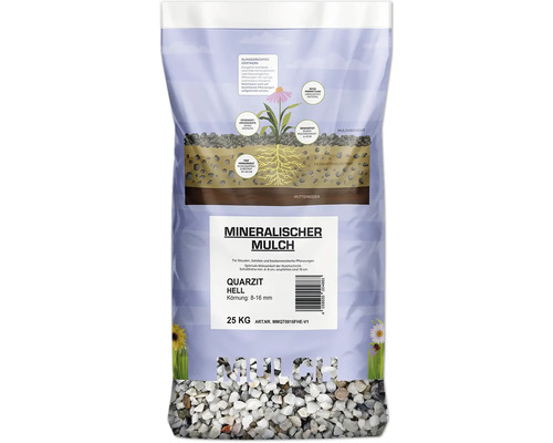 Mineralischer Mulch Quarzit hell 8 - 16 mm 25 kg Sack mineralischer Mulch aus hellem Quarzit, Körnung 8-16 mm, 25 Kilogramm, für Stauden, Gehölze und trockenresistente Pflanzen