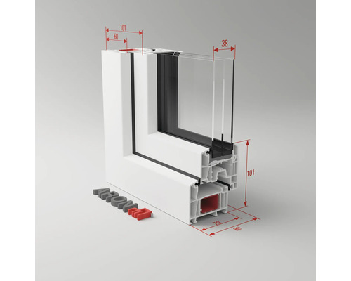 Schnittbild eines weißen Kunststofffensters mit Maßangaben