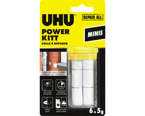 Colle UHU Pâte à modeler adhésive Powerkitt Minis 6x5 g Uhu Power Kitt mastic de réparation, six pièces
