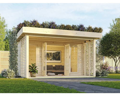 Abri de jardin Karibu Milly avec toiture végétalisée, Plancher 440 x 442 cm nature Abri de jardin moderne en bois avec toit végétalisé, design ouvert et intérieur minimaliste