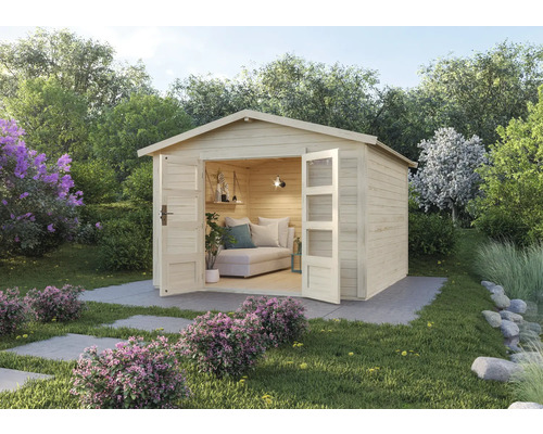 Jardin avec cabanon de jardin en bois et portes doubles ouvertes, aménagé avec une chaise longue et de la décoration