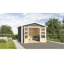Abri de jardin avec porte double, fenêtres et coin salon