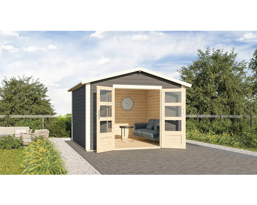 Abri de jardin avec porte double, fenêtres et coin salon