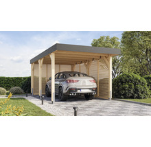 Abri de voiture moderne en bois avec toit gris et voiture