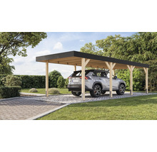 Carport en bois avec voiture sur sol pavé