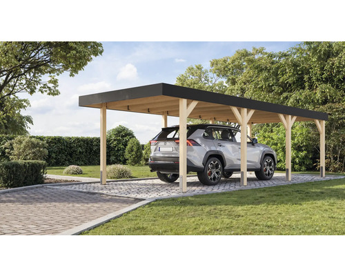 Carport en bois avec voiture sur sol pavé