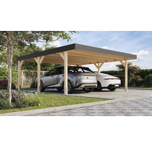 Doppelcarport aus Holz mit zwei geparkten Autos