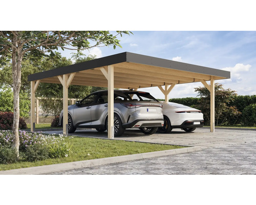 Doppelcarport aus Holz mit zwei geparkten Autos