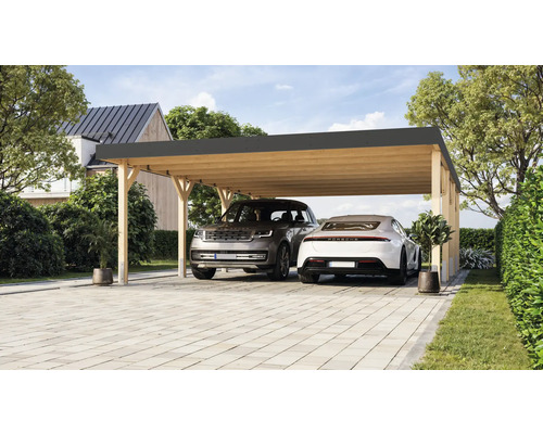 Doppelcarport aus Holz mit zwei geparkten Autos